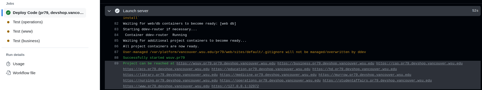 Deploy Code action running ddev start, showing all available URLs.